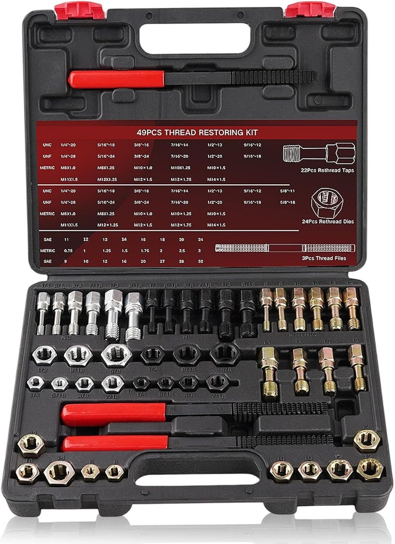 Marvelity 49PCS Thread Chaser and Repair Kit with 22 Taps, 24 Dies, 3 Files for UNC UNF Metric Bolts, Nuts and Screws - Image 1